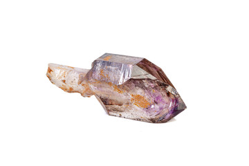 macro mineral stone Amethyst on smoky quartz on a white background