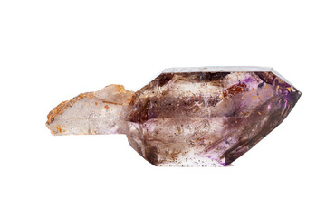 macro mineral stone Amethyst on smoky quartz on a white background