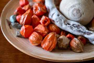 Physalis ou coqueret du Pérou séché en décoration d'intérieur