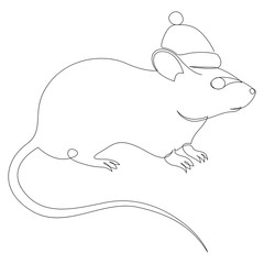 One line rat or mouse drawing. Symbol of the year. Cartoon mouse in Santa hat. Christmas card. Greeting card. Vector illustration