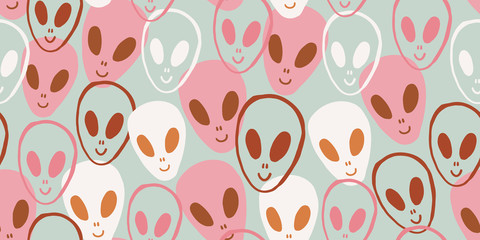 Childish seamless pattern with aliens faces ufo