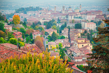 Bergamo old town aerial panorama, Citta Alta. Lombardia, Italy. 