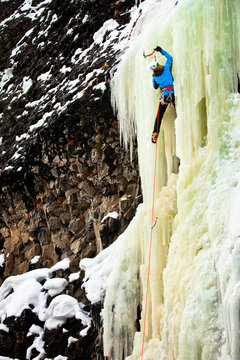 Marko Pujic climbs The Good Looking One in M5 WI5 conditions in Hyalite Canyon in Montana.