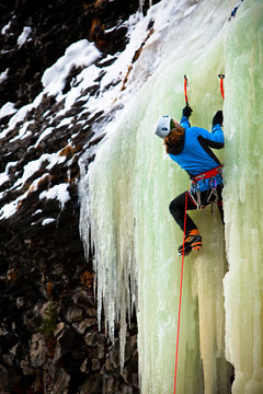 Marko Pujic climbs The Good Looking One in M5 WI5 conditions in Hyalite Canyon in Montana.