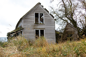 Old, abandoned farm house with overgrowth