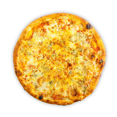 fresh Tasty tomatoes pizza isolated on white, top view