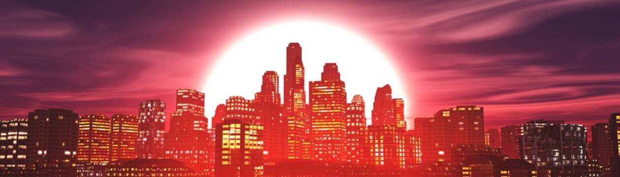 evening city at sunset, skyscrapers in the background of the sun. 3d rendering.