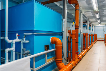 Water purification system in modern fish farm with closed water supply
