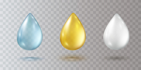 Water, gold oil and white cream drops isolated on transparent background. Cosmetic spa serum, bubble of vitamin E. Vector gel, golden honey or lotion droplets. - obrazy, fototapety, plakaty