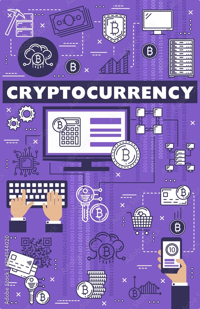 Poster cryptocurrency blockchain, bitcoin mining theme