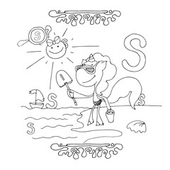 Find Letter S. Funny cartoon unicorn. Animals alphabet a Coloring page. Printable worksheet. Unicorns on the beach with a bucket and a spatula.