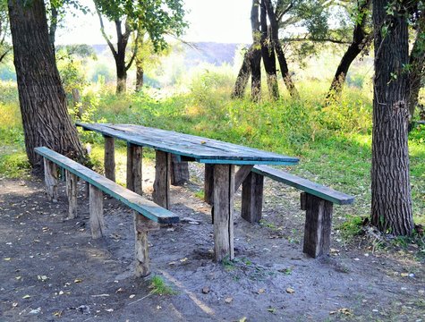 Picnik area with wooden beches and table.
