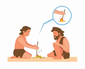 ancient human making fire from rubbing twig illustration vector