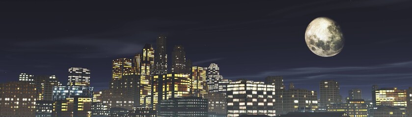 Night city under the moon, panorama of night skyscrapers,. 3d rendering.