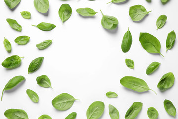 Fresh green basil leaves on white background, top view. Space for text