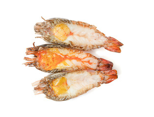 Grilled giant river shrimp or prawn isolated on white background with clipping path,  Popular Thai sea food, The shrimp head will be in creamy orangy colour with an extremely good taste.