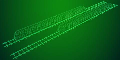 Modern high speed train on straight rails. Railway wireframe low poly mesh vector illustration