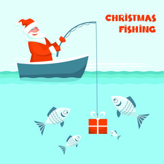 Christmas fishing card. Santa Claus fishing in his boat. Vector Winter holiday illustration with Christmas  text.