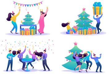 Set 2D Flat concepts Young people have fun on Christmas vacation. For Concept for web design