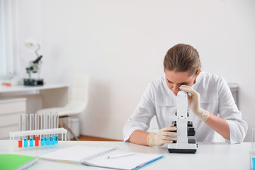 Scientist using modern microscope at table. Medical research