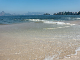 Sugar Loaf Mountain, Corcovado, Museum of Contemporary Art  on the horizon, front view, Icaraí, in the city of Niterói, Rio de Janeiro, Brazil. Beautiful landscape.