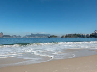 Sugar Loaf Mountain, Corcovado, Museum of Contemporary Art  on the horizon, front view, Icaraí, in the city of Niterói, Rio de Janeiro, Brazil. Beautiful landscape.