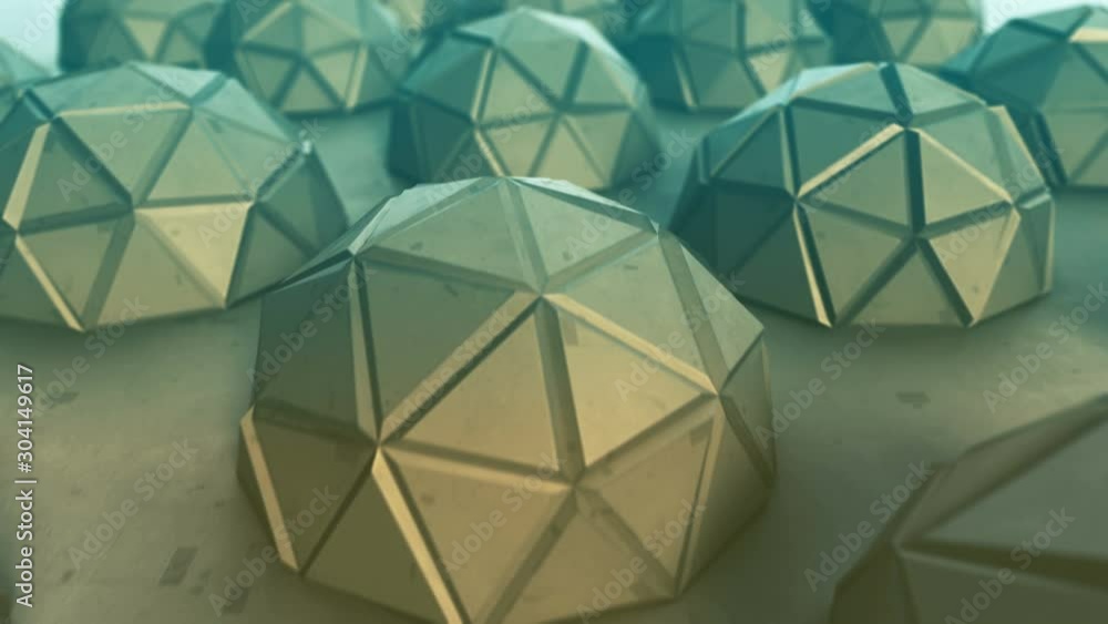 Poster flight over polygonal metallic hemispheres. abstract science fiction concept. seamless loop 3d rende