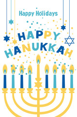 Jewish holiday Hanukkah greeting card traditional Chanukah symbols - menorah candles, star David illustration on blue.