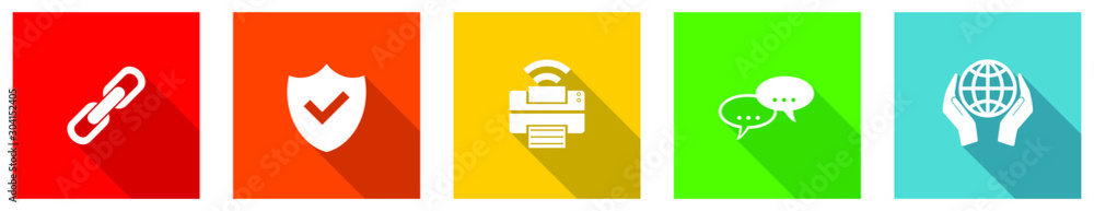 Poster set of colorful web flat design vector icons, printer, bubble, shield and globe buttons in eps 10 fo