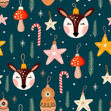 Christmas decorative seamless pattern with seasonal decorations, deer head, mushrooms and candies