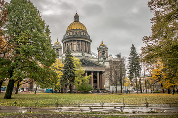 St. Isaac's Cathedral on the background of autumn leaves, St. Petersburg, Russia