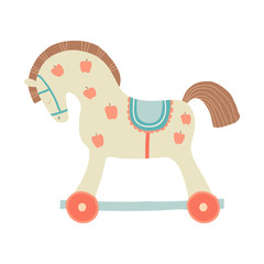 Cute toy horse with wheels. Kids First Toys. Baby shower design element. Cartoon vector hand drawn eps 10 illustration isolated on white background.
