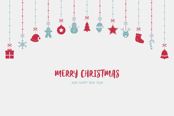 Christmas background with hanging icons and wishes. Xmas ornament. Vector