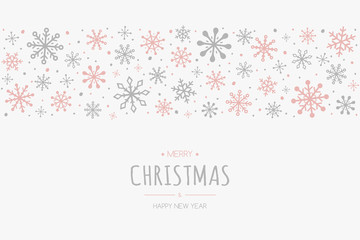 Merry Christmas and Happy New Year. Christmas background with hand drawn snowflakes and wishes. Vector