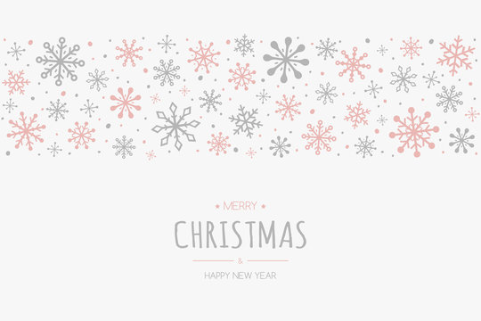 Merry Christmas and Happy New Year. Christmas background with hand drawn snowflakes and wishes. Vector