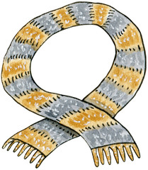 Watercolor hand drawn warm scarf with yellow and gray stripes