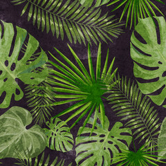 Seamless pattern with leaves. Trendy texture with tropic plants. Exotic summer background. Design featuring teal green palm and monstera plant. For wallpaper, fabric, gift paper, postal packaging