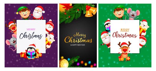 Christmas postcard set with cute cartoon characters and baubles