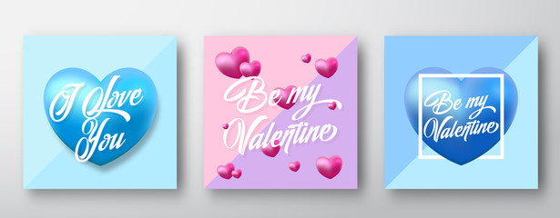 Modern Typography Valentines Day Vector Greetings with Purple and Blue Heart Silhouettes on a Light Blue and Mint Backgrounds Set. Classy Gentle Cards or Posters Bundle. Social Media Post Templates