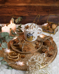 Christmas still life with cookies and candle.