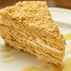 Traditional festive honey cake on the white plate closeup.
