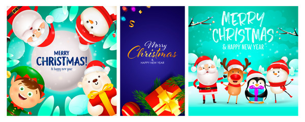 Merry Christmas postcard set with funny cartoon characters