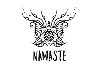 Welcome gesture Indian greeting banner in Namaste mudra on insulated background in vector. Hand drawn Boho or Mehndi Henna Tattoo style frame on a teal background place for your text