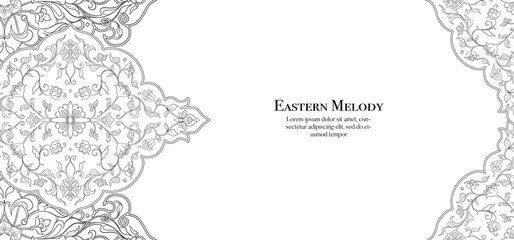 Eastern ethnic motif, traditional muslim ornament. Template for wedding invitation, greeting card, banner, gift voucher, label. Vector illustration