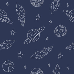 Hand drawn space print. Dark blue seamless pattern with cosmic objects. Rockets, planets and stars. Vecctor illustration.