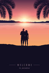 couple enjoy the sunset on a beautiful palm beach vector illustration EPS10