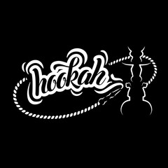 Hookah vector logo design on black background. Smoking hookah label for lounge cafe emblem, arabian bar or house, shop, isolated vector illustration.
