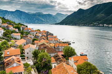 Naklejka na ściany i meble Sunny view of town Perast in the Kotor Bay, Montenegro.