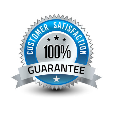 Steel blue 100% reliable customer satisfaction guarantee badge with ribbon isolated on white background.