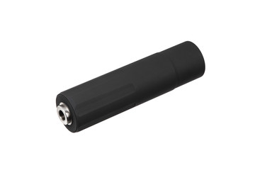 Black silencer for weapons. Suppressor that is at the end of an assault rifle.